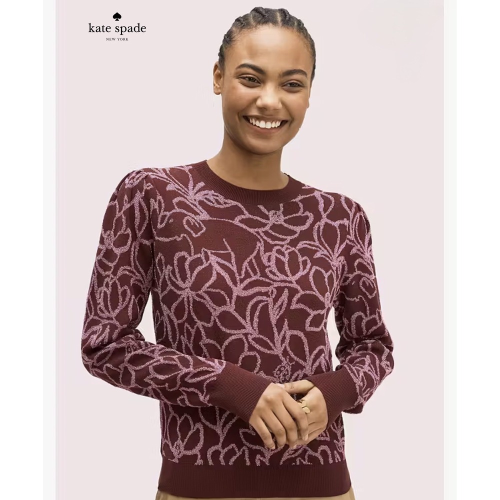 kate spade new york Knit Floral Crewneck Pullover Sweater Burgundy Pink XXS